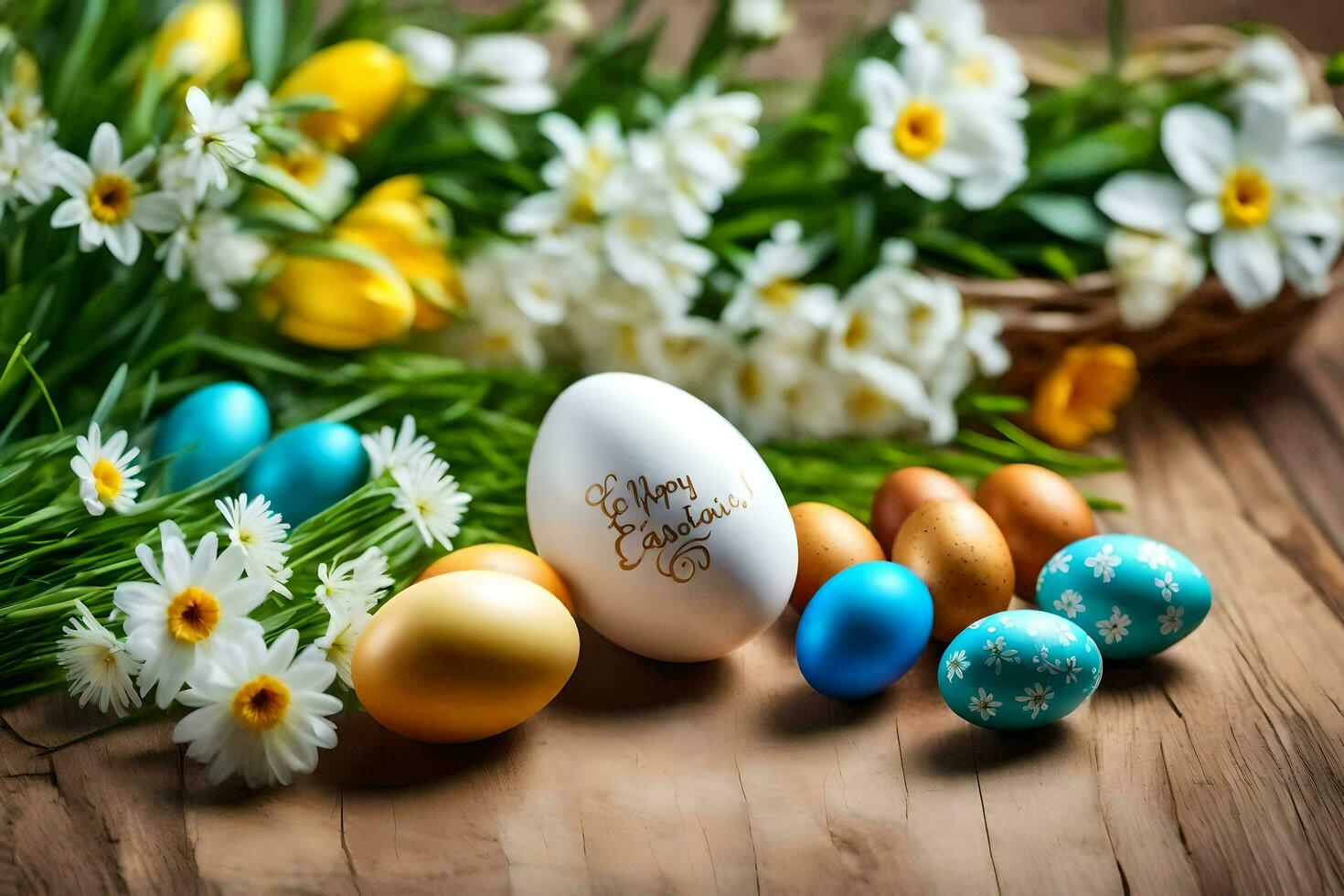 easter eggs and flowers on a wooden table. AI-Generated photo