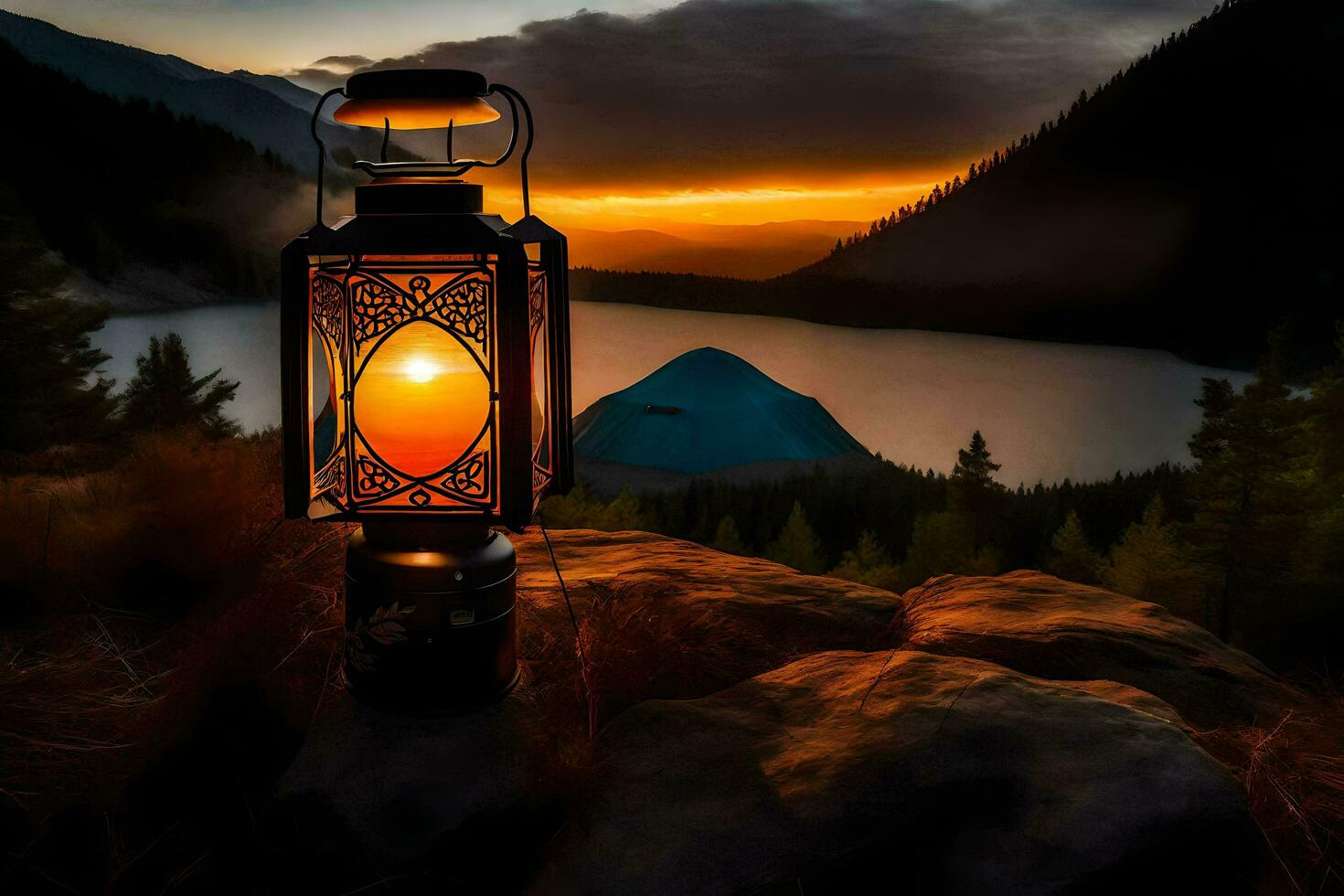 a lantern is lit up on a mountain overlooking a lake. AI-Generated photo
