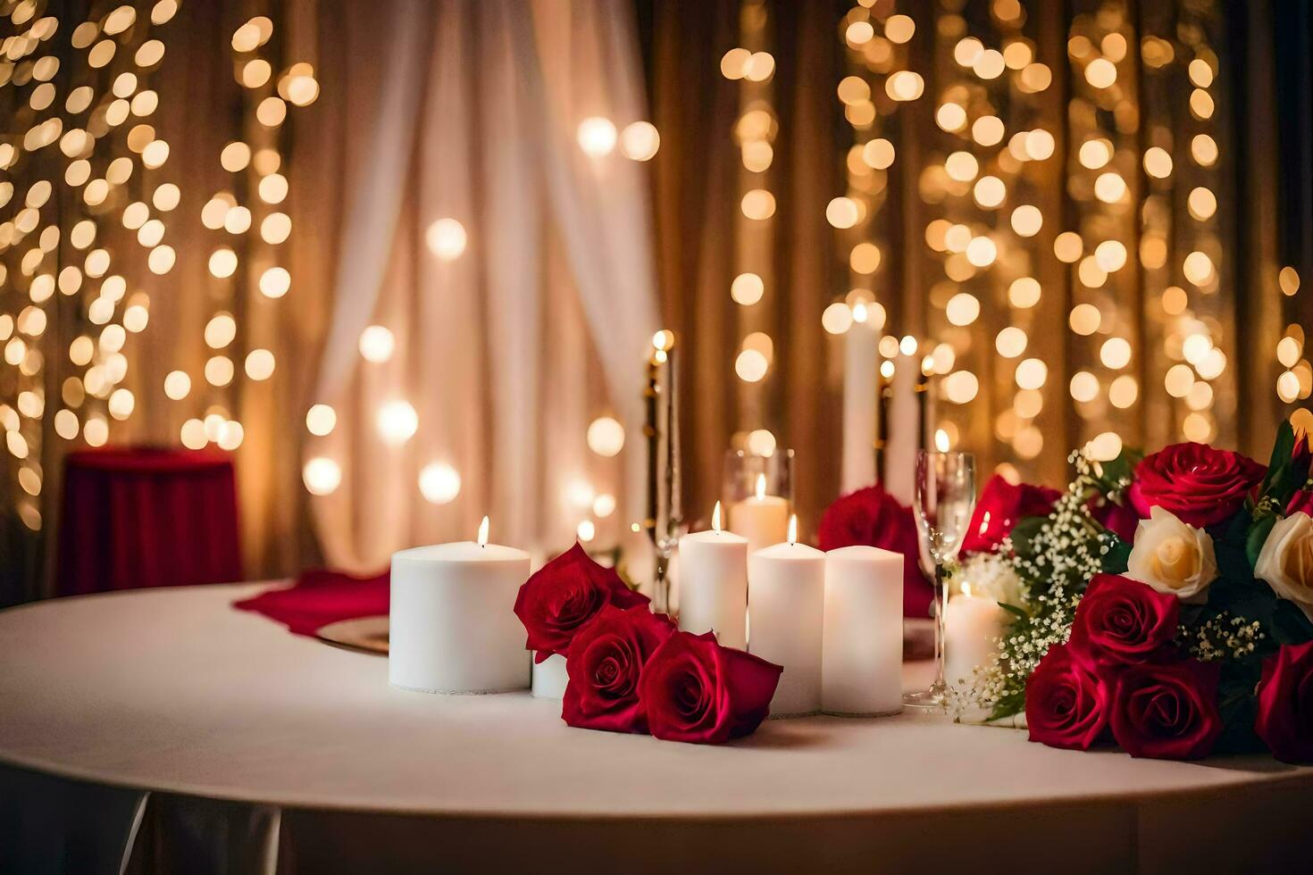 red roses and candles on a table in front of a backdrop of lights. AI-Generated photo