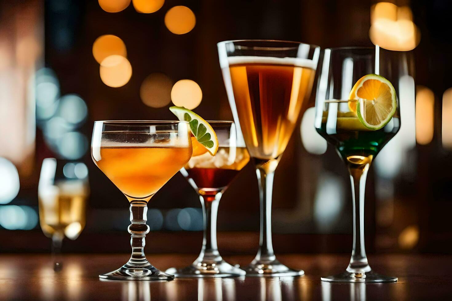 various alcoholic drinks in glasses on a bar. AI-Generated photo