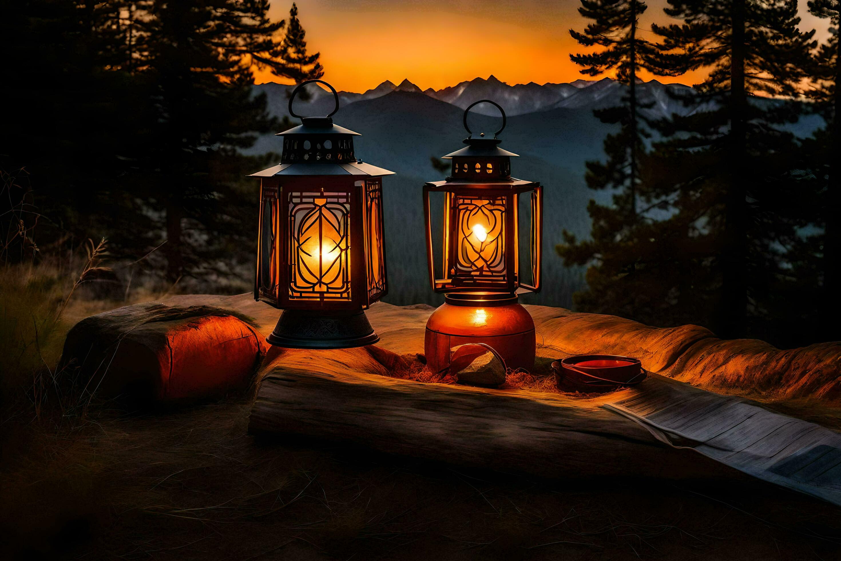 lanterns on a picnic table in the woods. AIGenerated 31870403 Stock