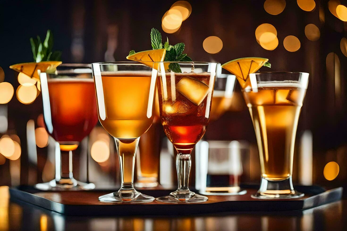 four different types of alcoholic drinks on a tray. AIGenerated