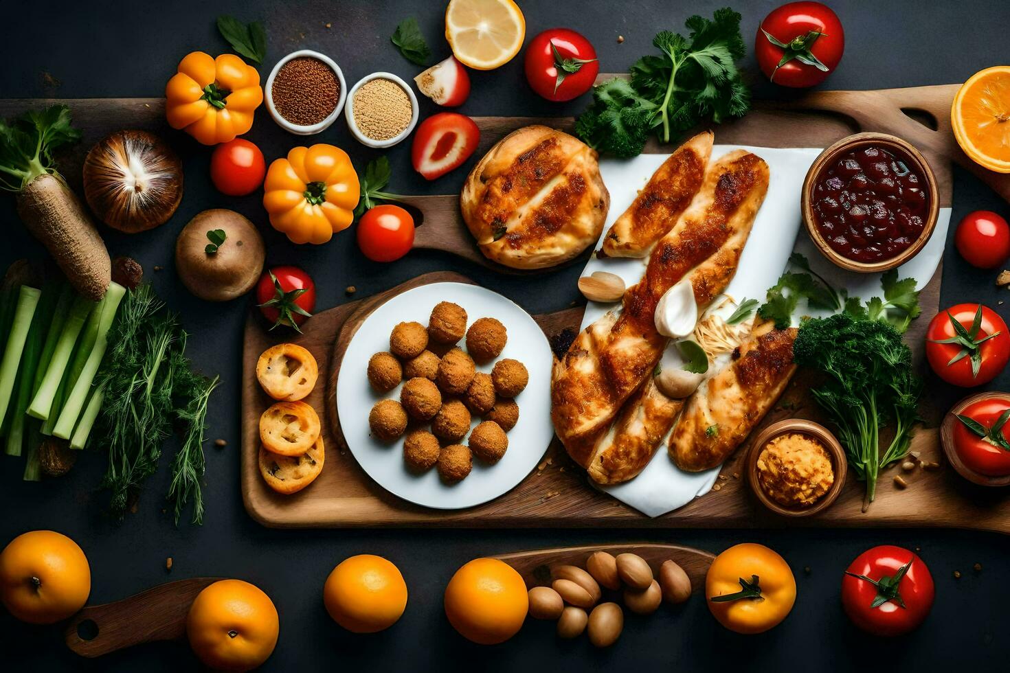a variety of food on a cutting board. AI-Generated photo
