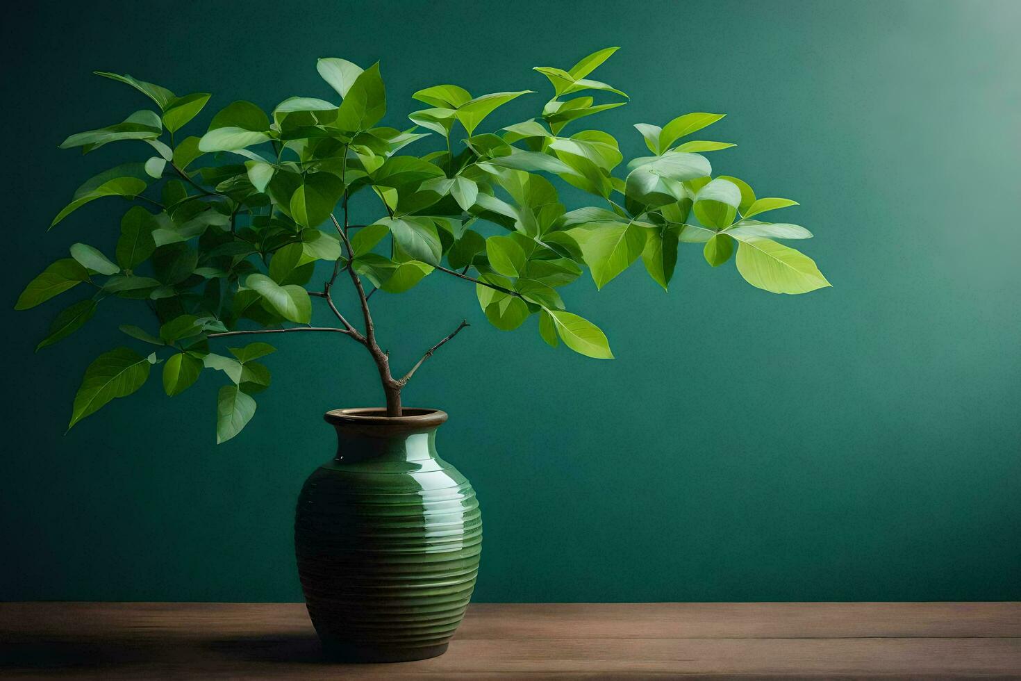a green plant in a vase on a table. AI-Generated photo