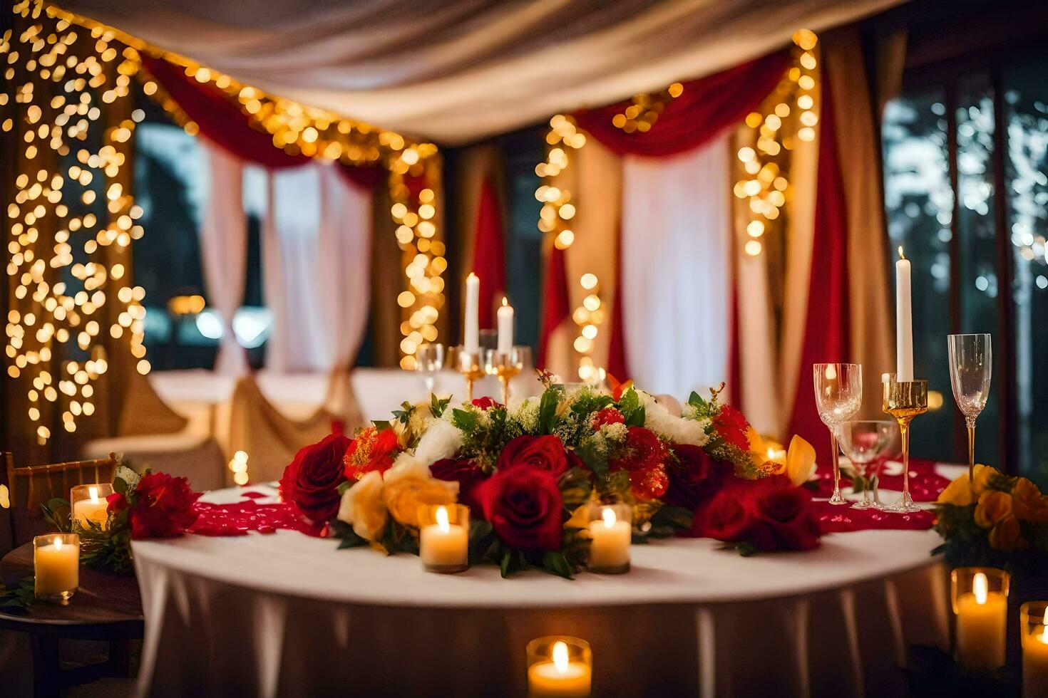 a table set with candles and flowers. AI-Generated photo
