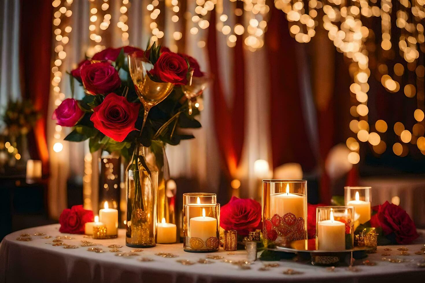 red roses and candles are set on a table. AI-Generated photo