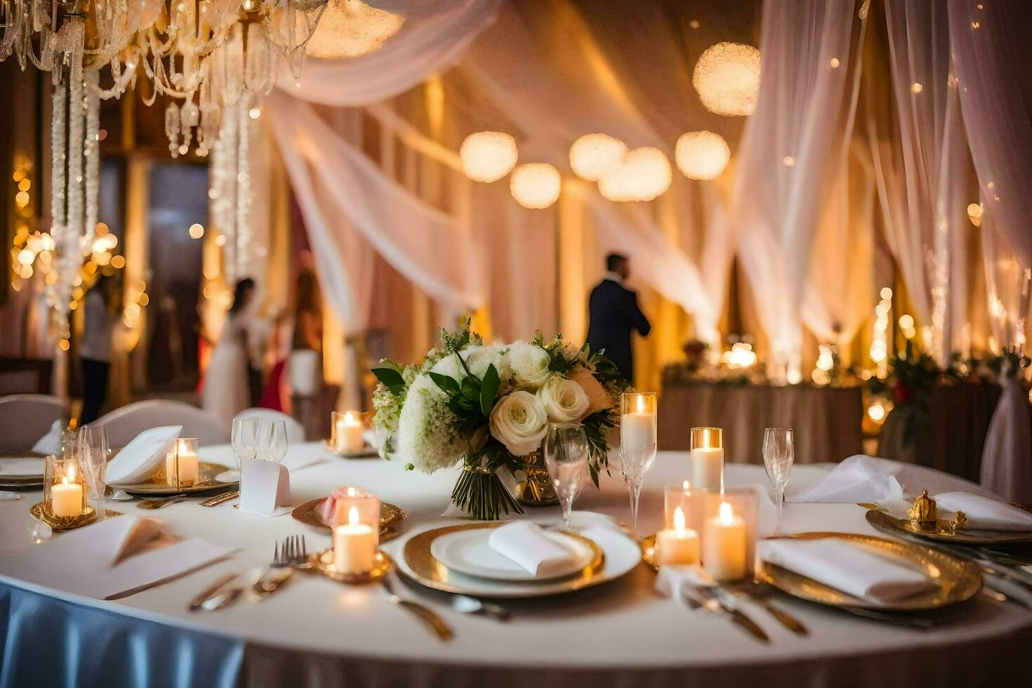 a wedding reception table with candles and white drapes. AI-Generated photo