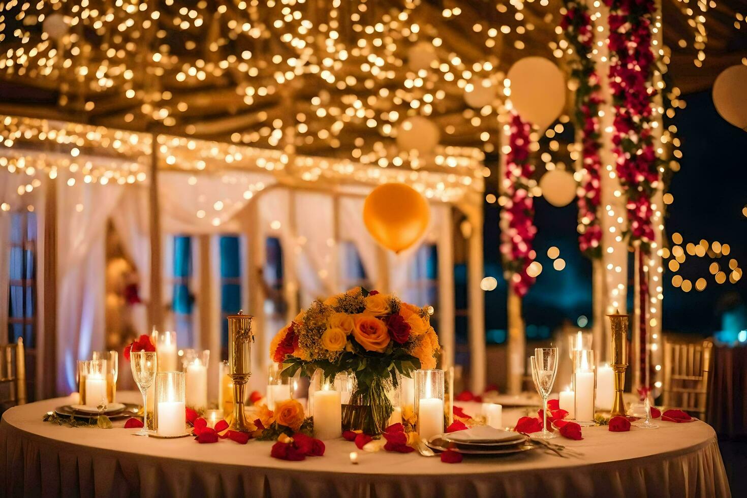 a table with candles and flowers is set up in a room with lights. AI-Generated photo
