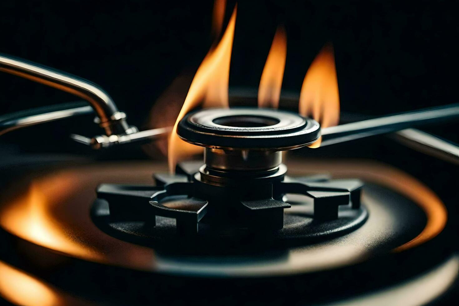 a gas burner on a stove with flames. AI-Generated photo