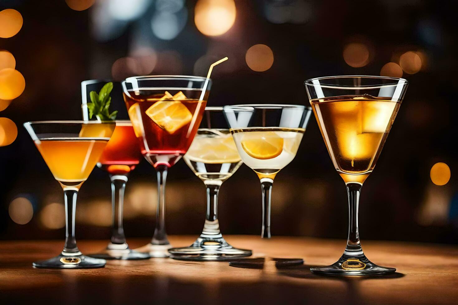 a group of different alcoholic drinks on a table. AI-Generated photo