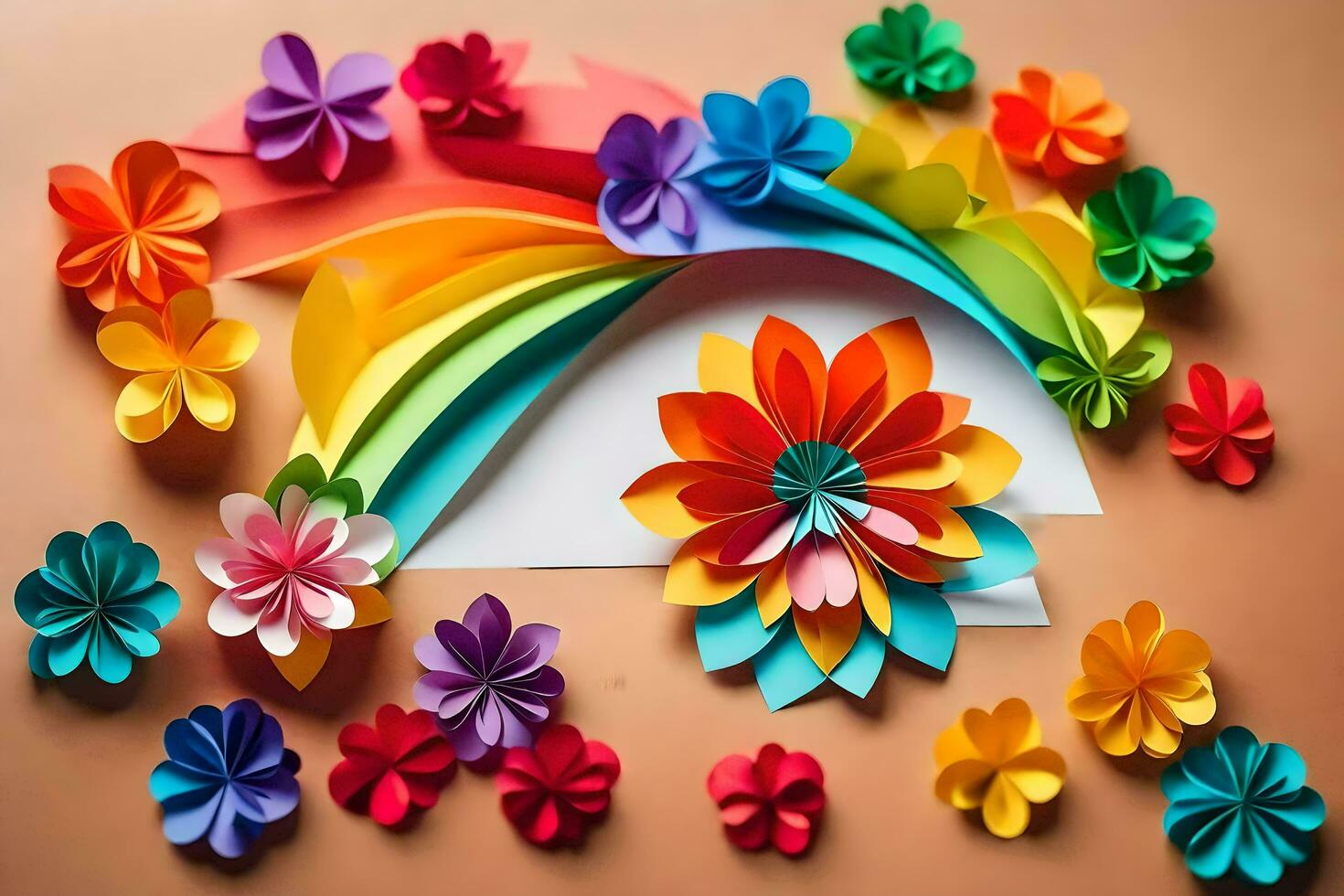 a rainbow made of paper flowers and a rainbow. AI-Generated photo
