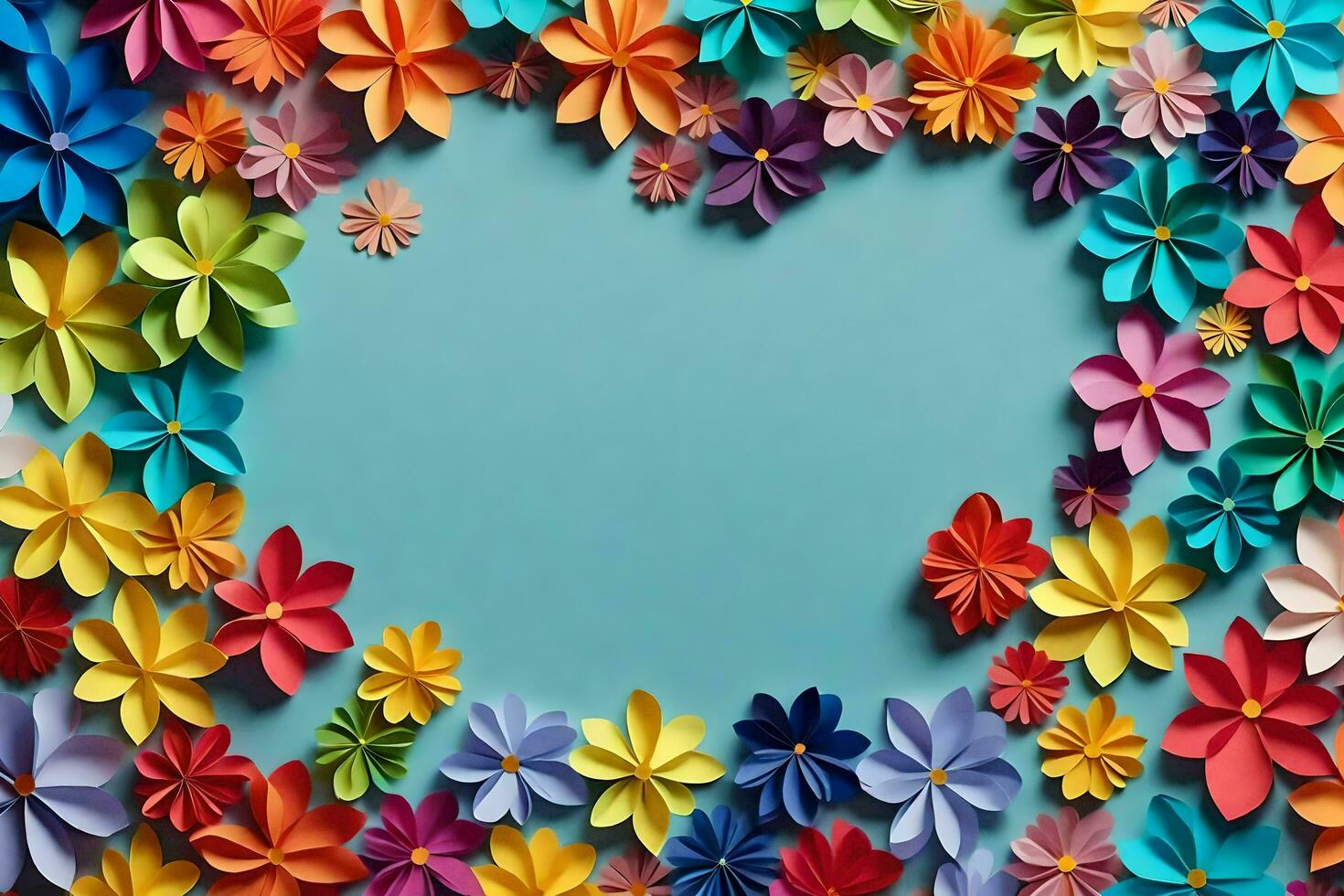 colorful flowers arranged in a heart shape on a blue background. AI-Generated photo