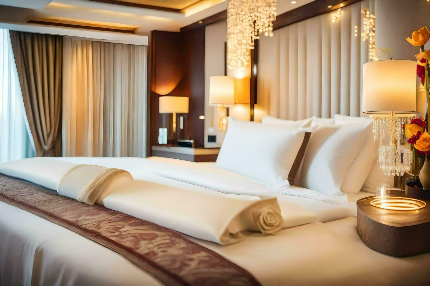 a hotel room with a bed and a lamp. AI-Generated photo