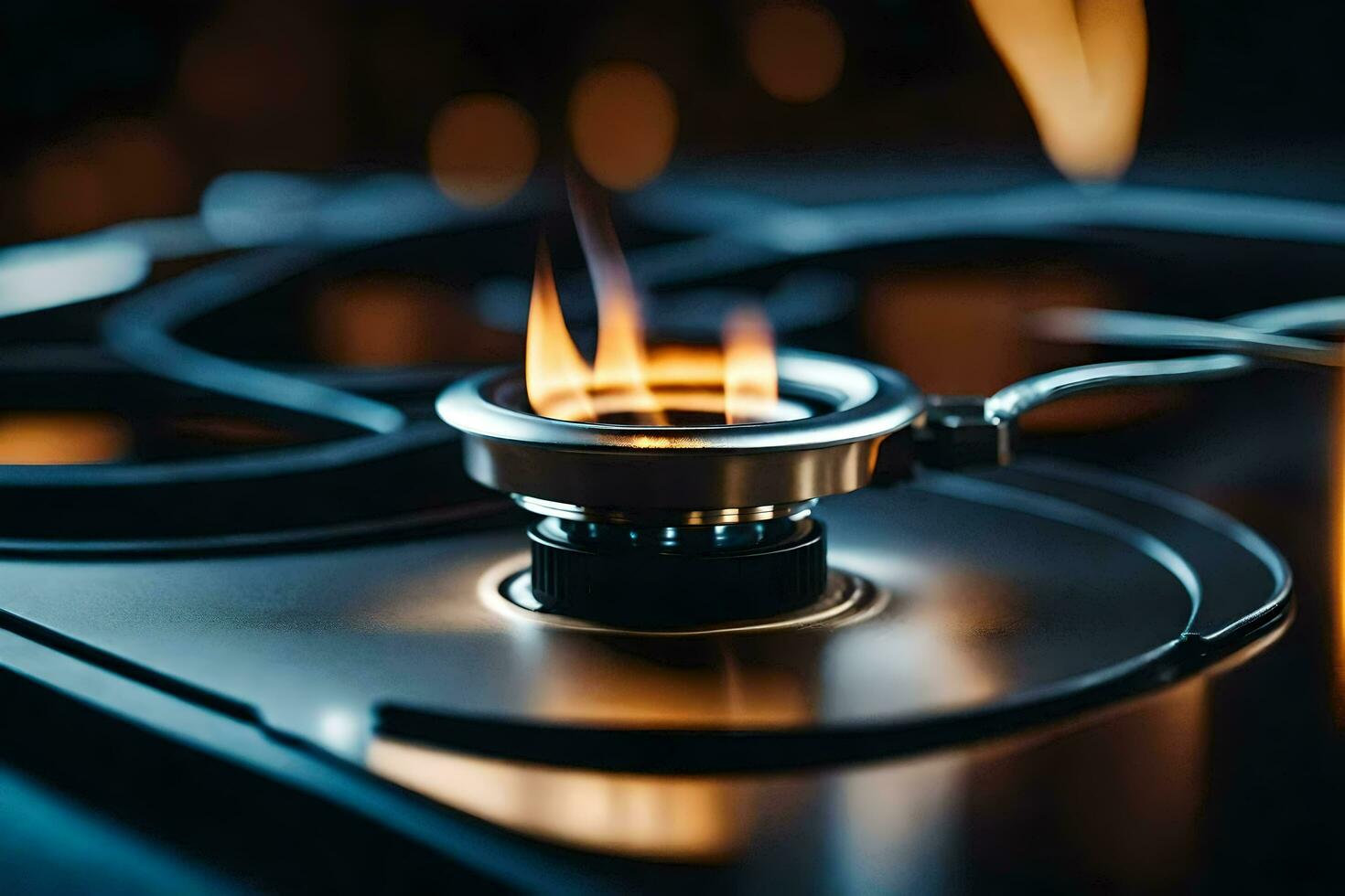 a gas stove with a flame burning on it. AI-Generated photo