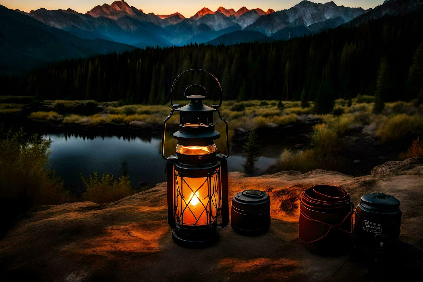 the lanterns are lit by the sun in the background. AI-Generated photo