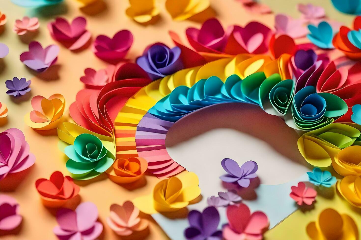 a rainbow of paper flowers arranged in a circle. AI-Generated photo