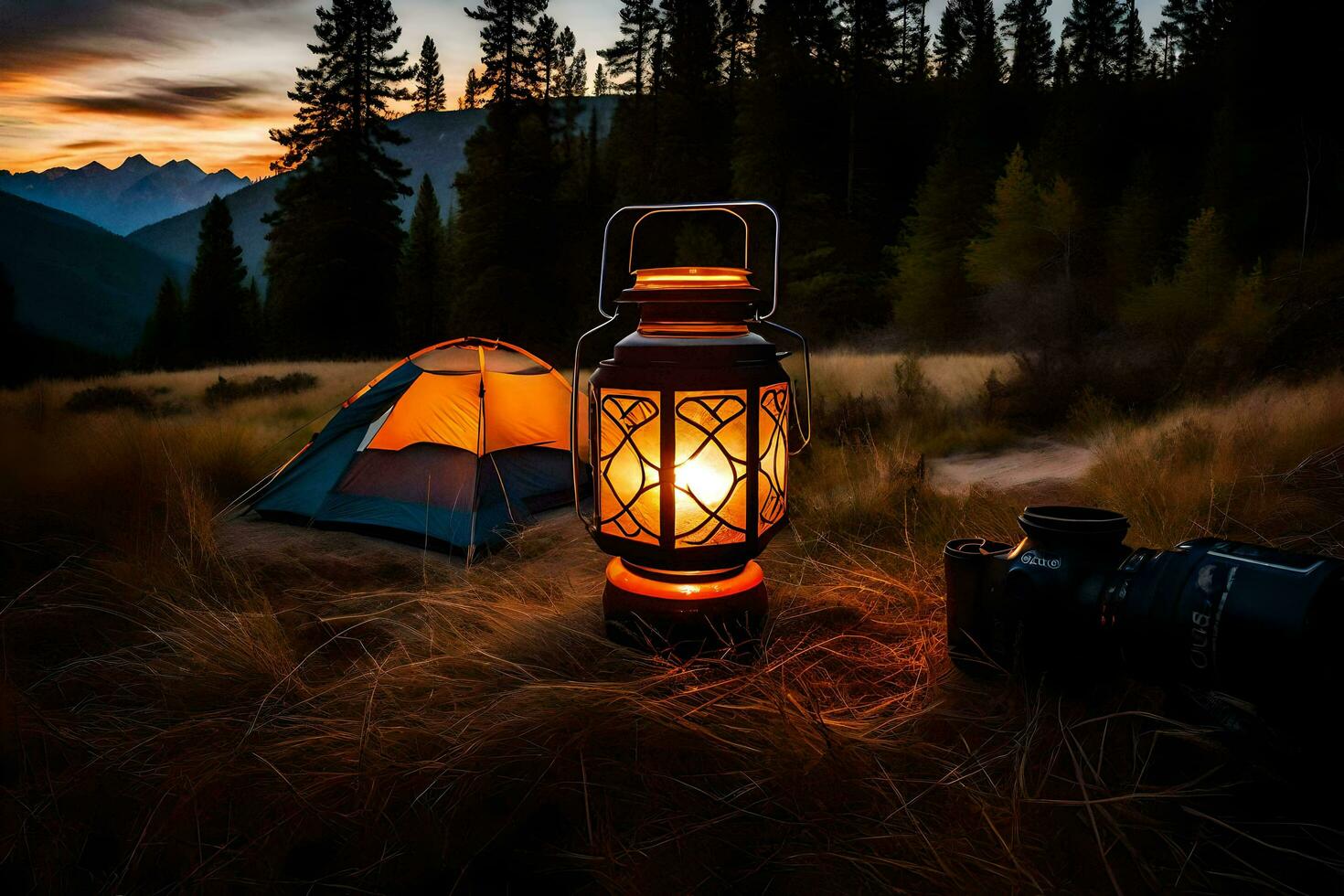 a lantern is lit up in the middle of a field. AI-Generated photo