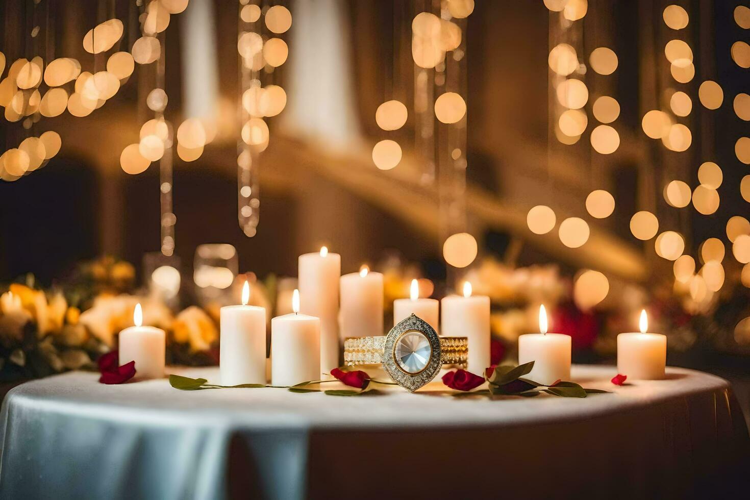 candles and a ring on a table in front of a backdrop of lights. AI-Generated photo