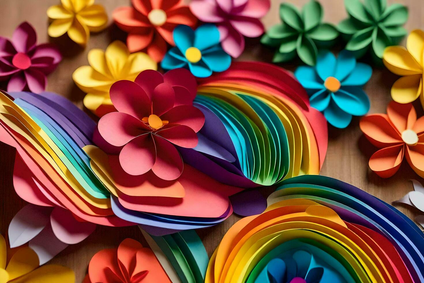 un arco iris de vistoso papel flores generado por ai foto