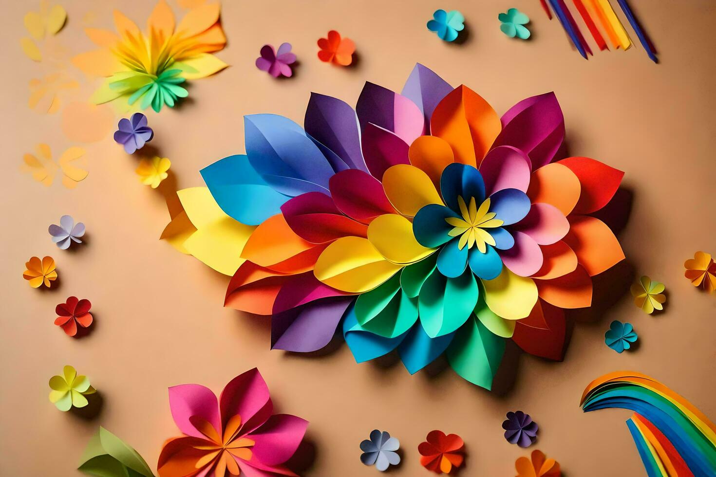 colorful paper flowers arranged on a brown surface. AI-Generated photo