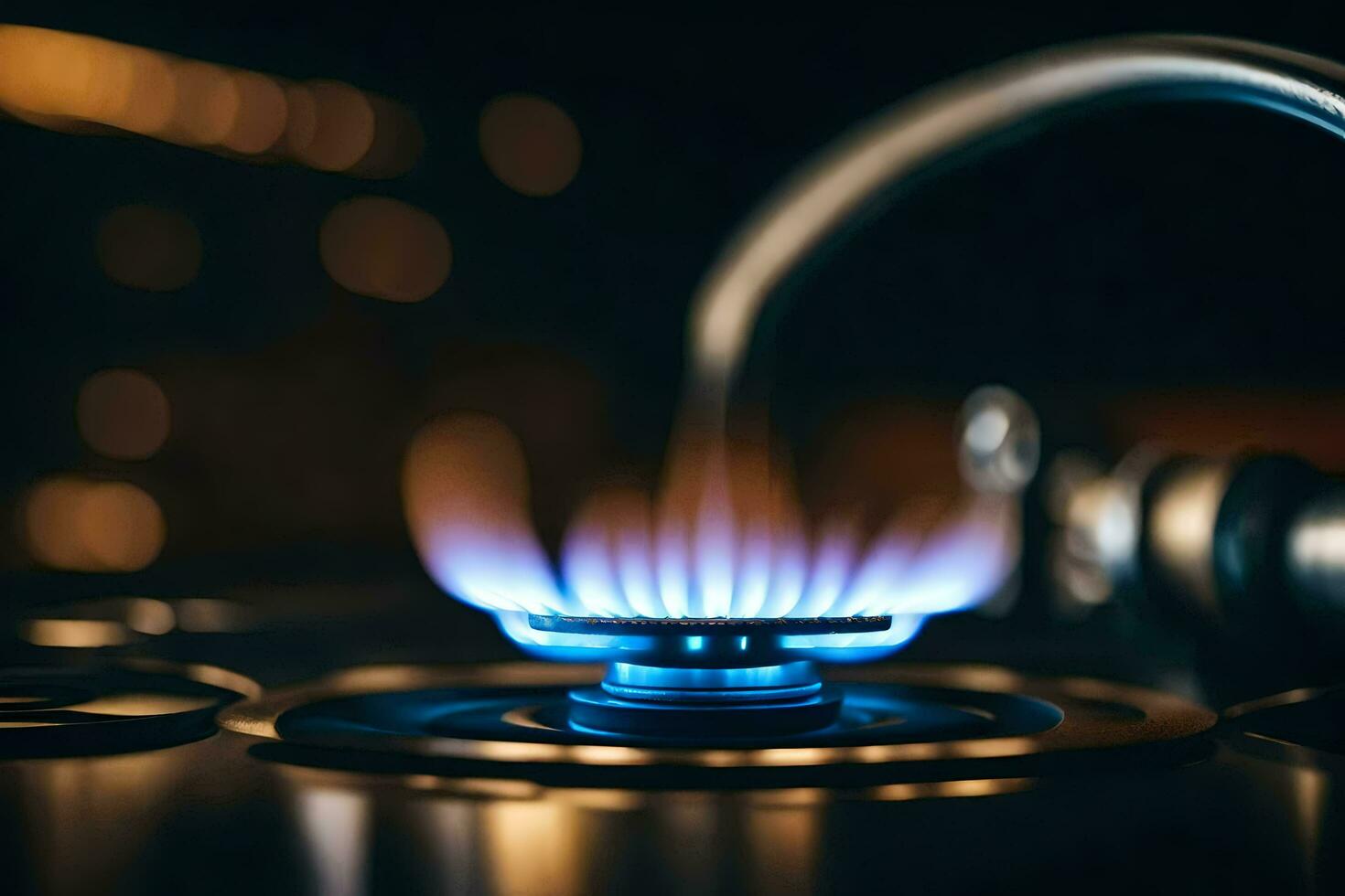 a gas burner on a stove with a blue flame. AI-Generated photo