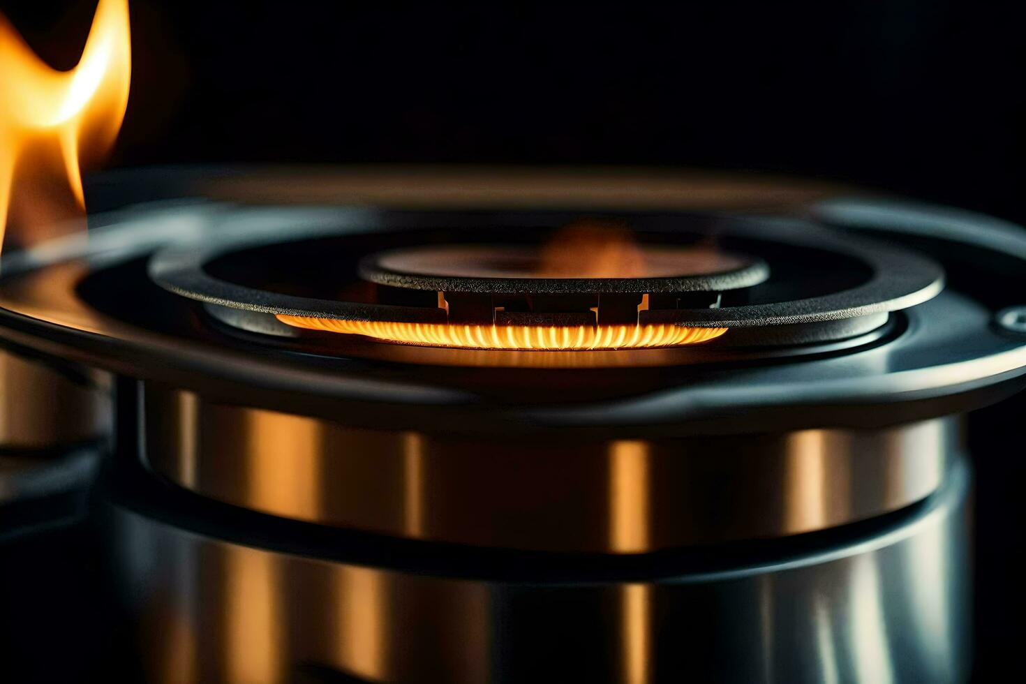 a close up of a gas stove with flames. AI-Generated photo