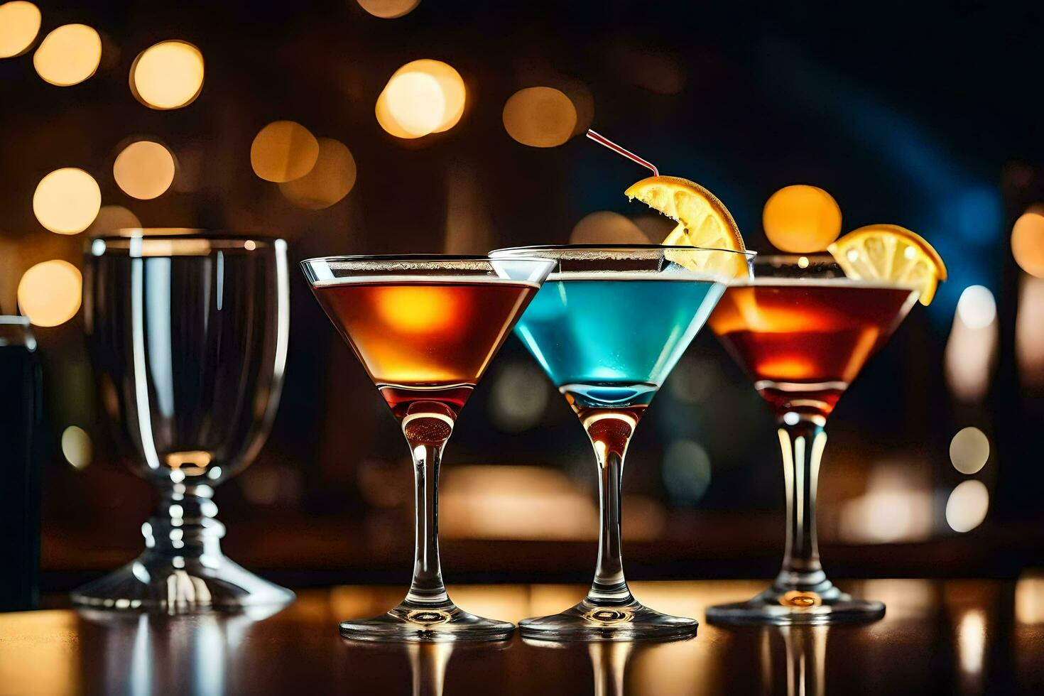 three different colored cocktails on a bar counter. AI-Generated photo