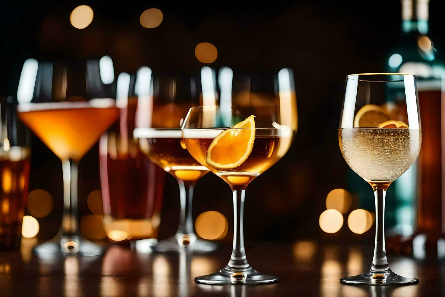 a group of glasses with different types of alcohol. AI-Generated photo