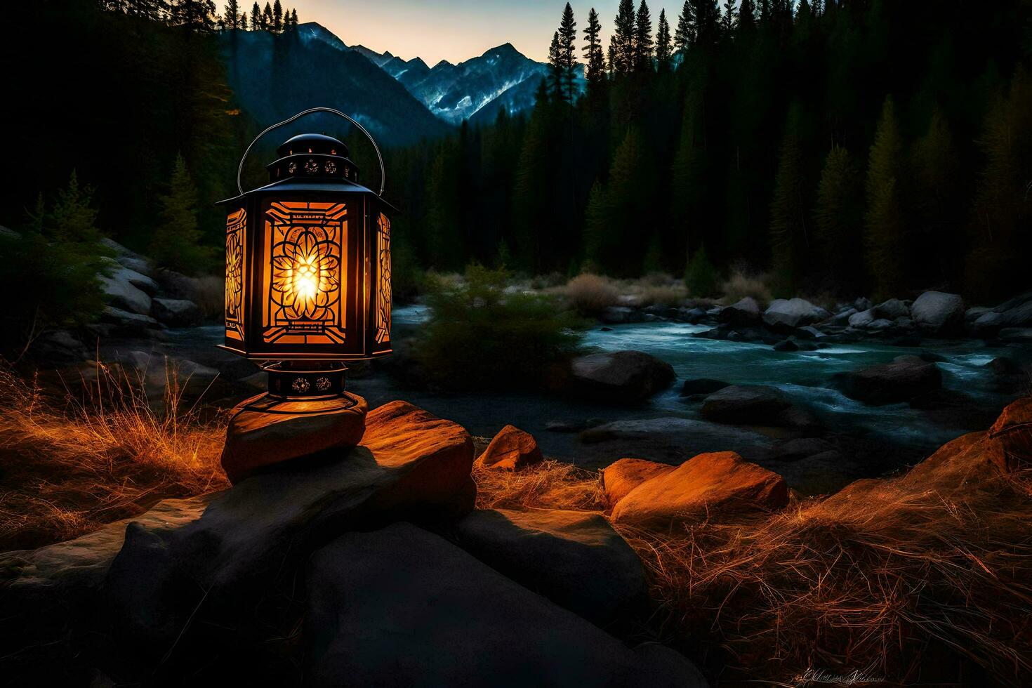 a lantern is lit up by the river in the mountains. AI-Generated photo