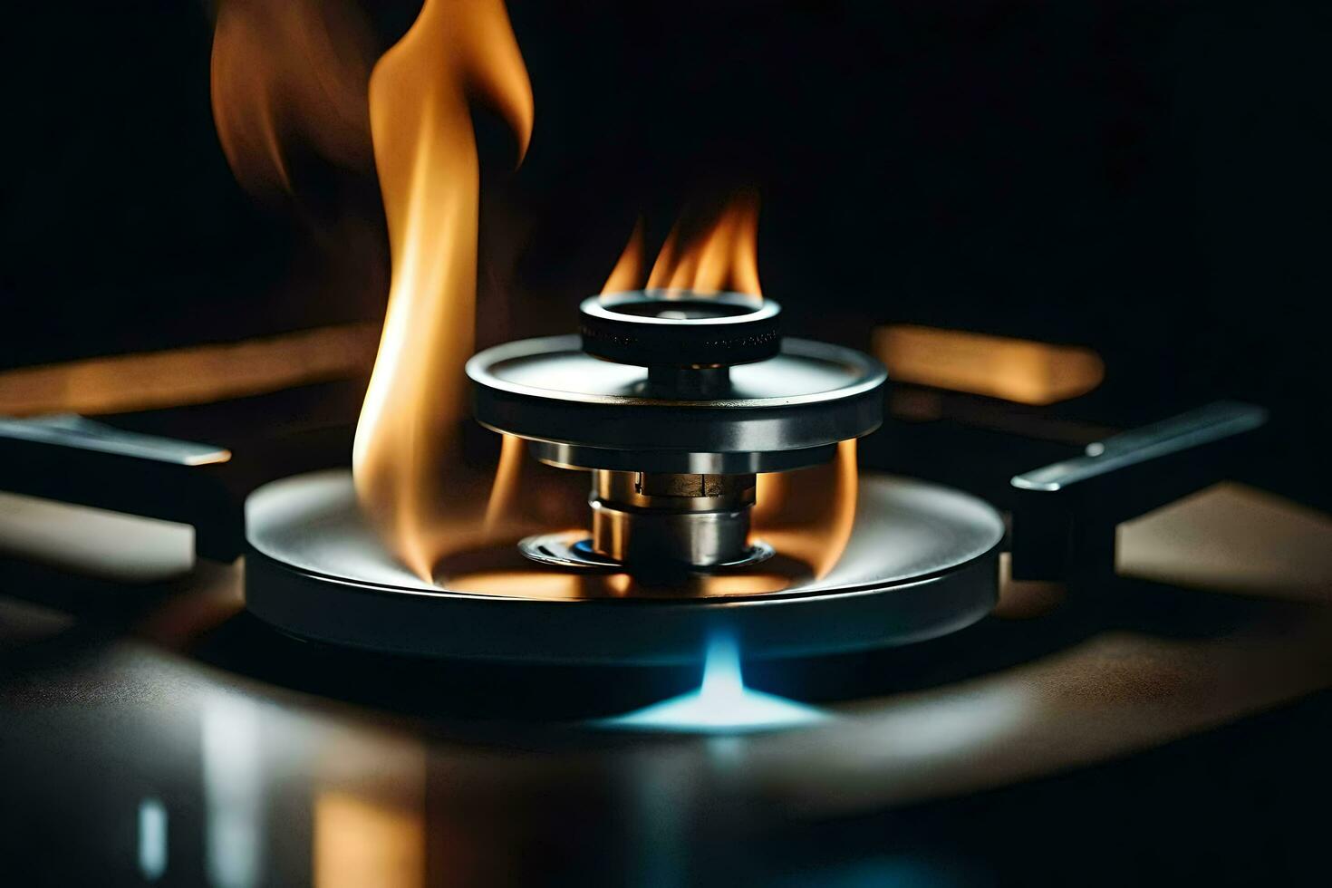 a gas burner on a stove with flames. AI-Generated photo