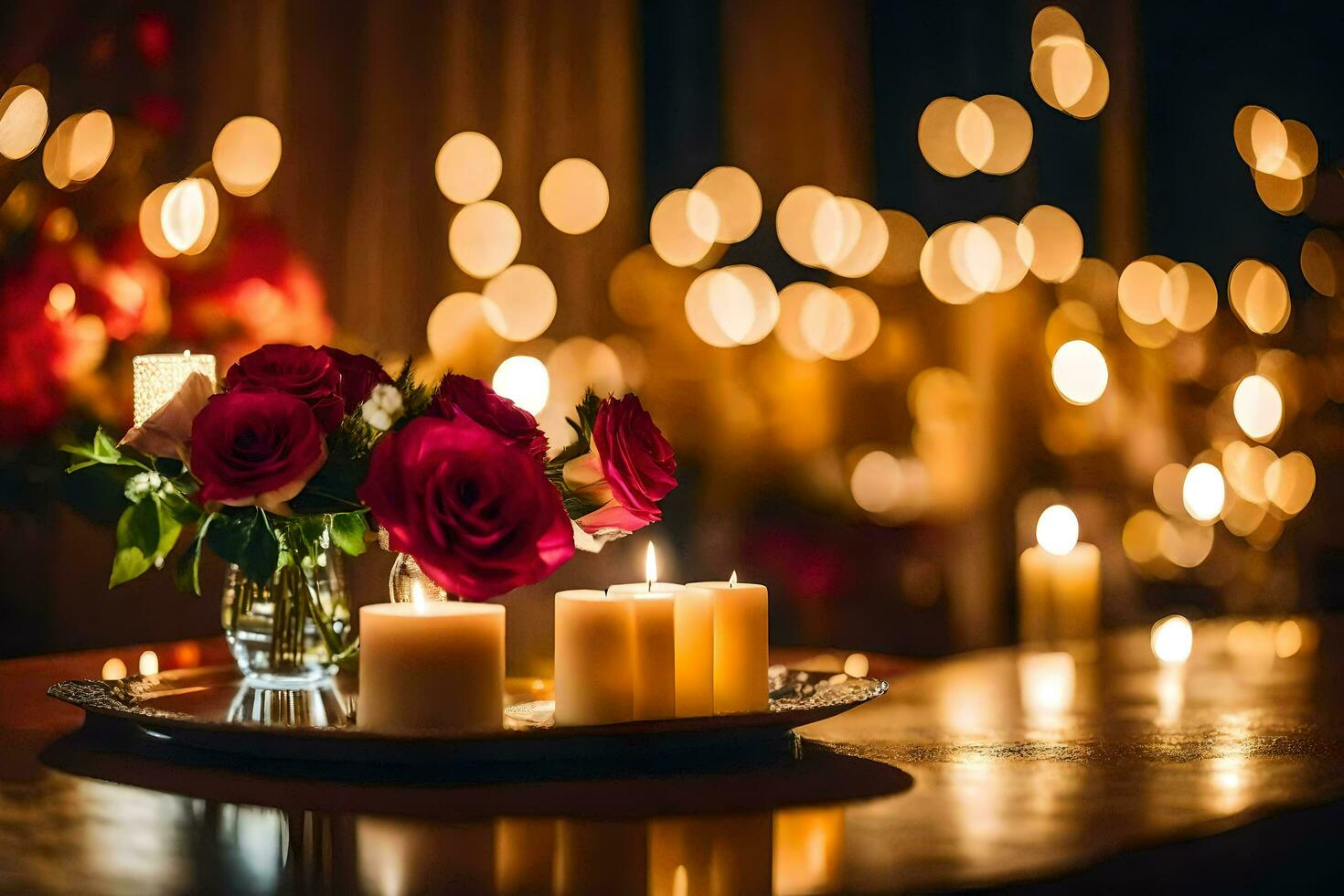 candles and roses on a table with bokeh lights. AI-Generated photo