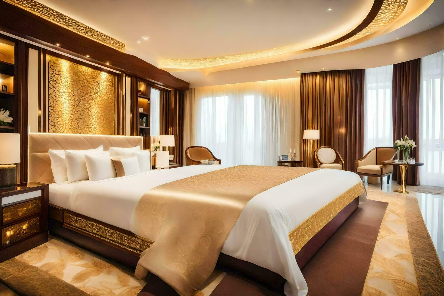 un cama o camas en un habitación a el grandioso hotel. generado por ai foto