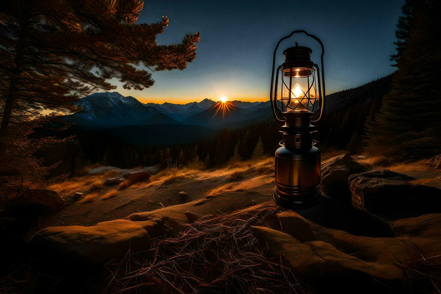 a lantern is lit in the mountains at sunset. AI-Generated photo