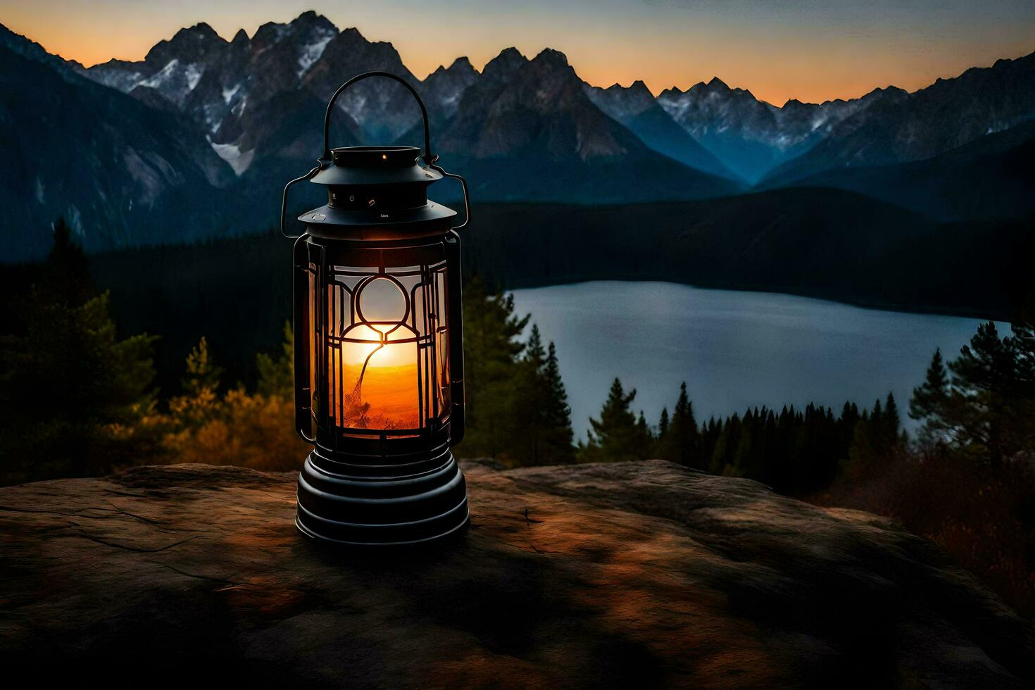 a lantern on the edge of a lake at sunset. AI-Generated photo