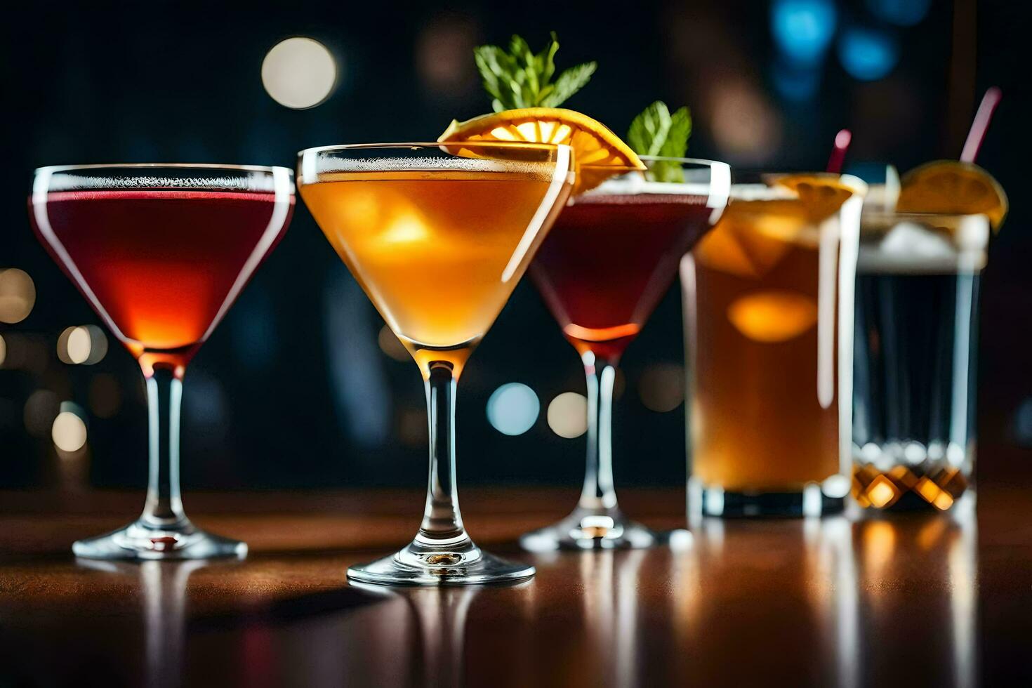 three different types of alcoholic drinks on a bar. AI-Generated photo