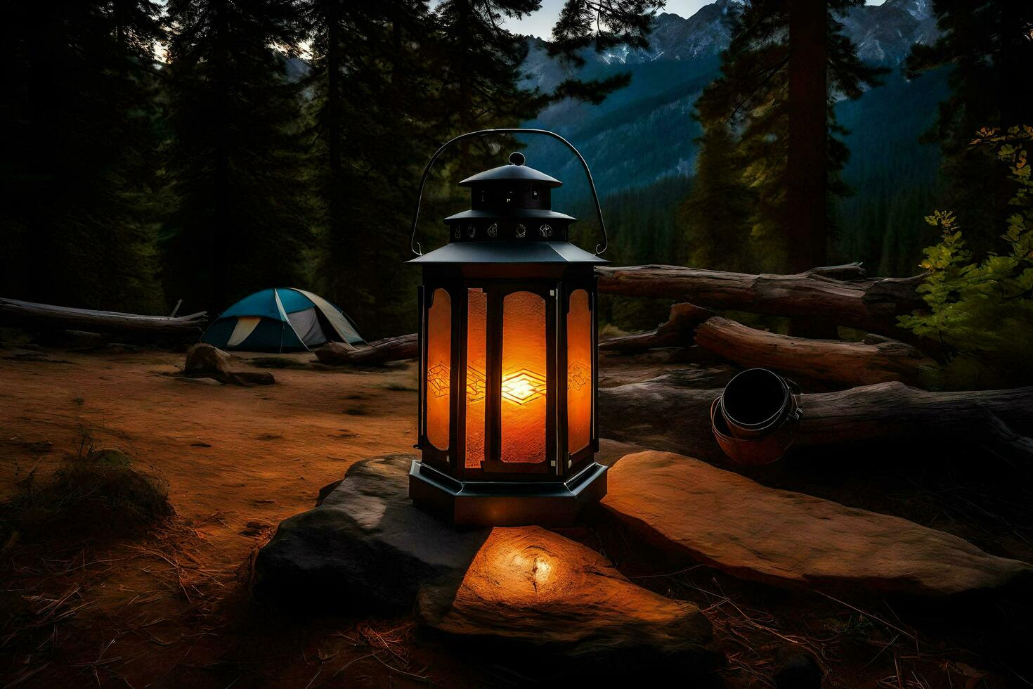 a lantern is lit in the woods at night. AI-Generated photo