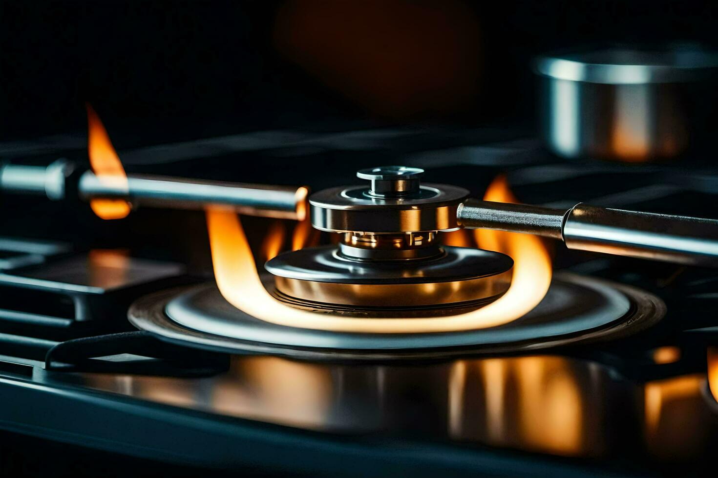 a gas burner on a stove top with flames. AI-Generated photo