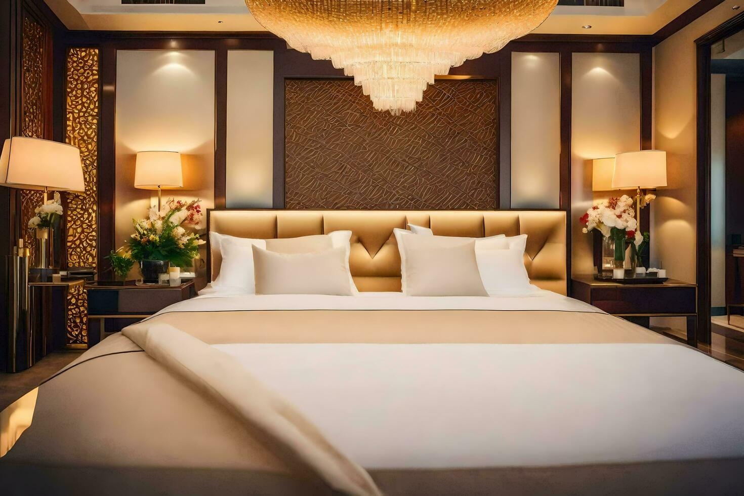 a bed or beds in a room at the ritz carlton dubai. AI-Generated photo