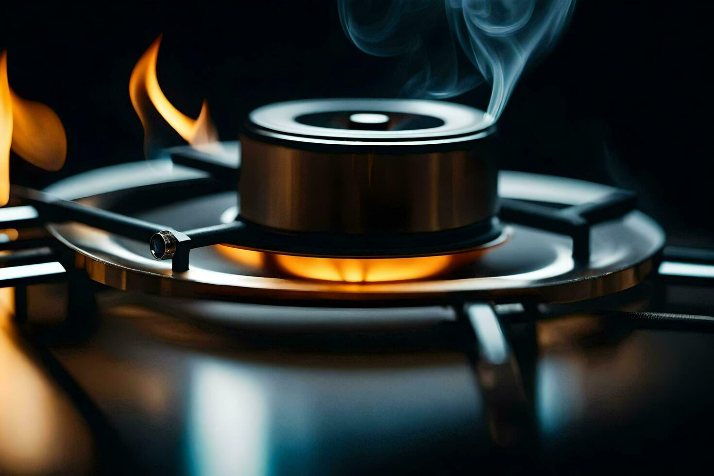 a close up of a gas stove with smoke coming out. AI-Generated photo