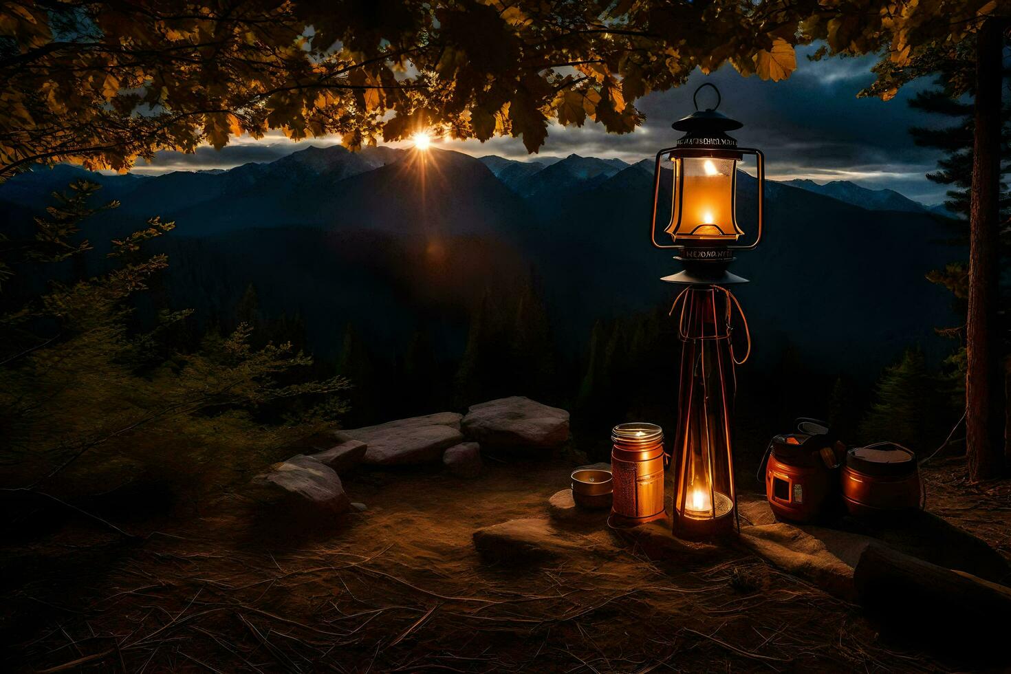 a lantern sits on a rock in front of a mountain. AI-Generated photo