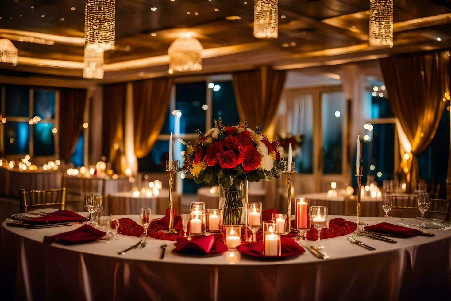 a wedding reception table with red and white tablecloths. AI-Generated photo