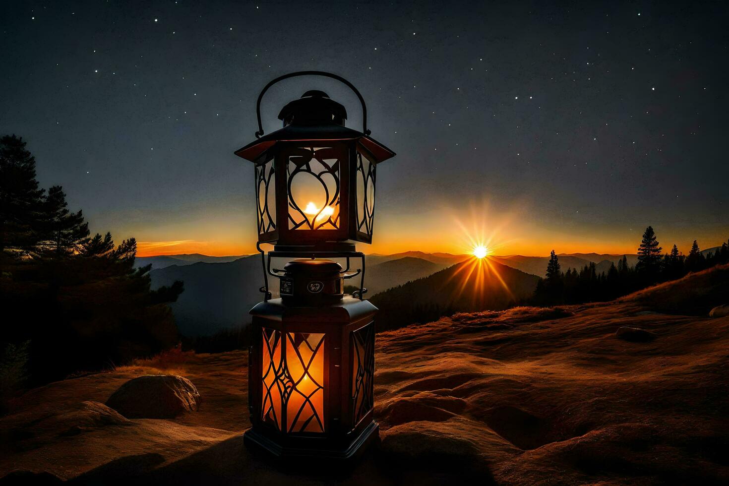 lanterns in the mountains at night. AI-Generated photo