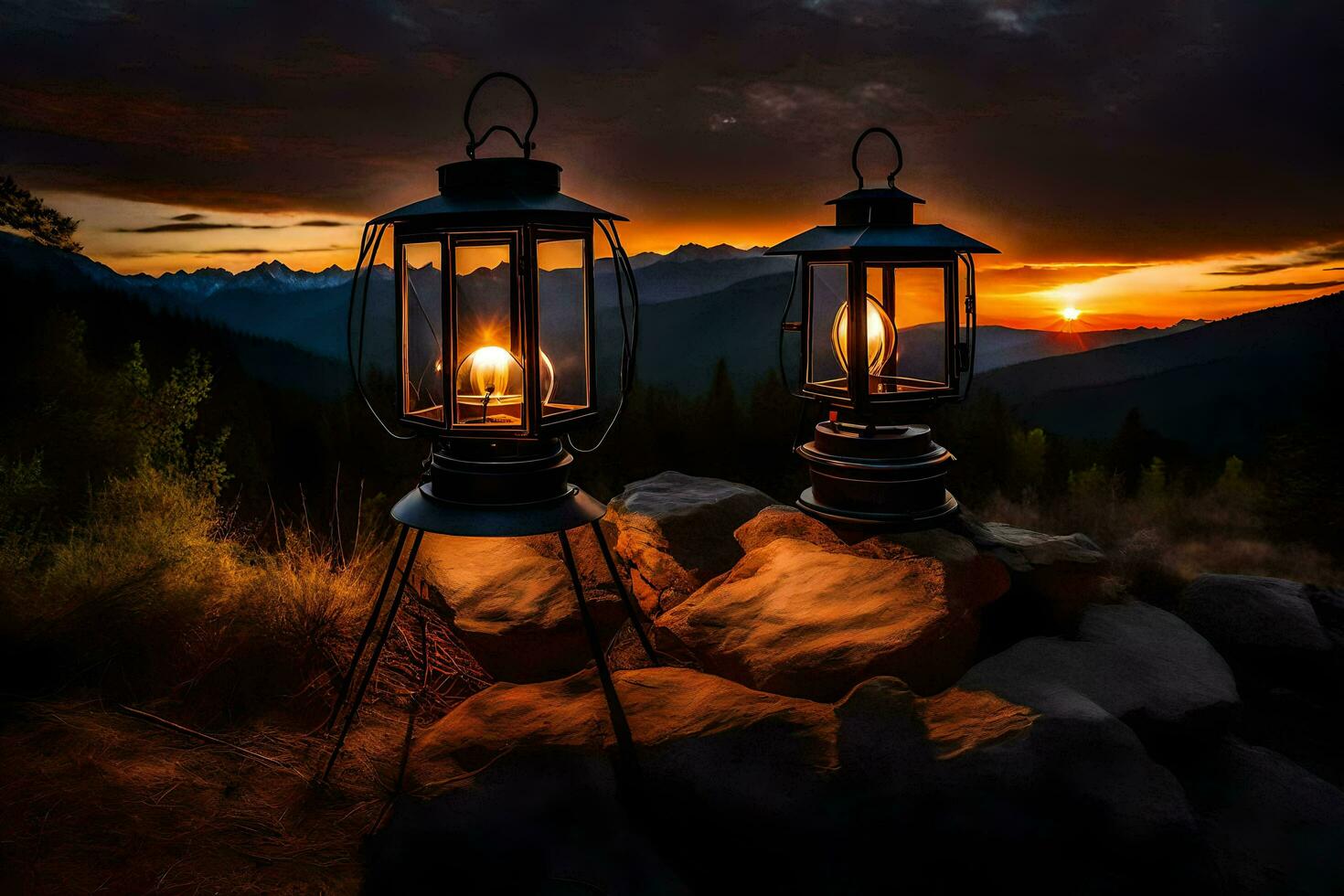 two lanterns on top of a mountain at sunset. AI-Generated photo