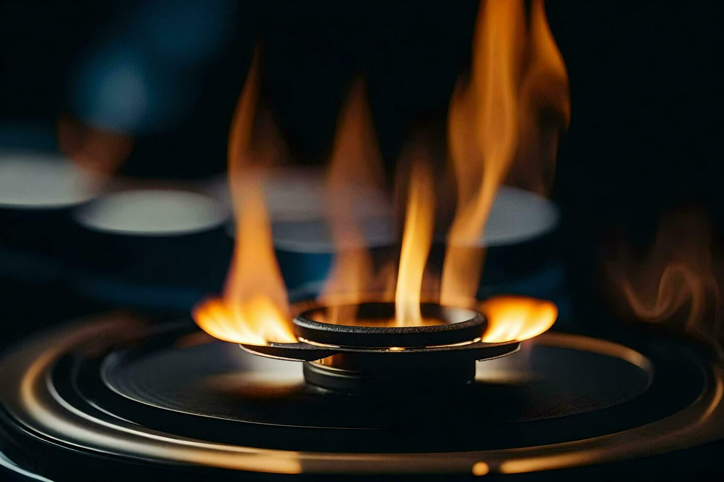 a close up of a gas stove with flames. AI-Generated photo