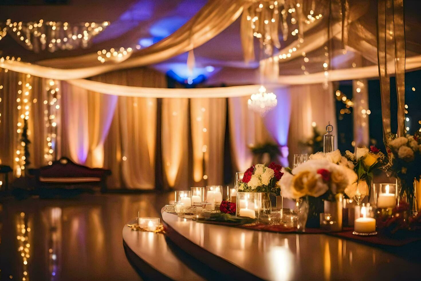 a wedding reception with candles and lights. AI-Generated photo