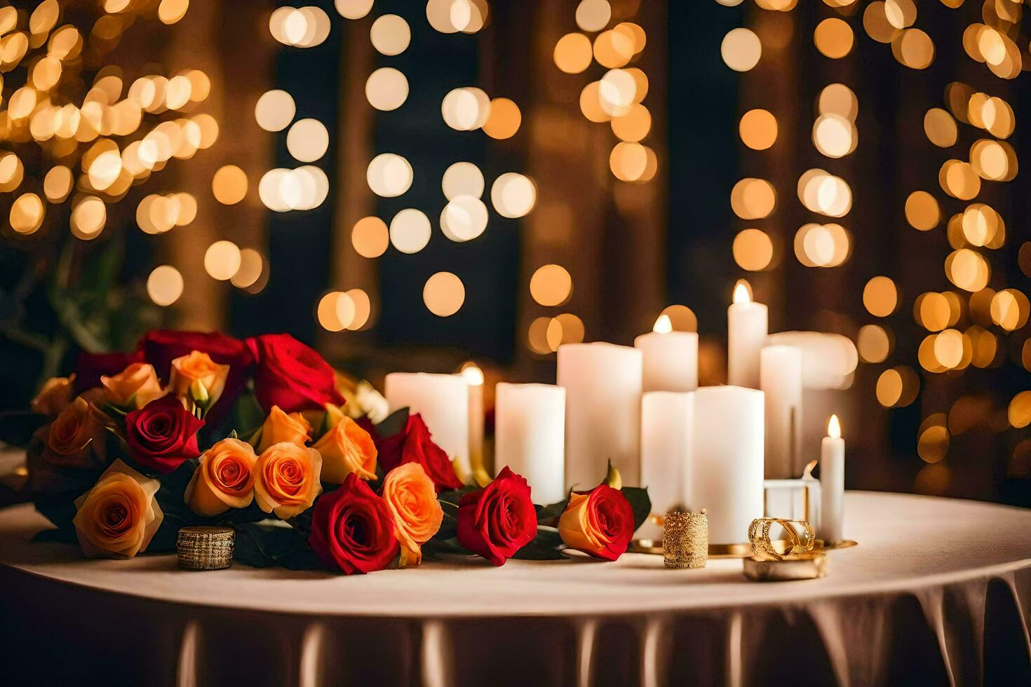 candles and roses on a table in front of a background of lights. AI-Generated photo