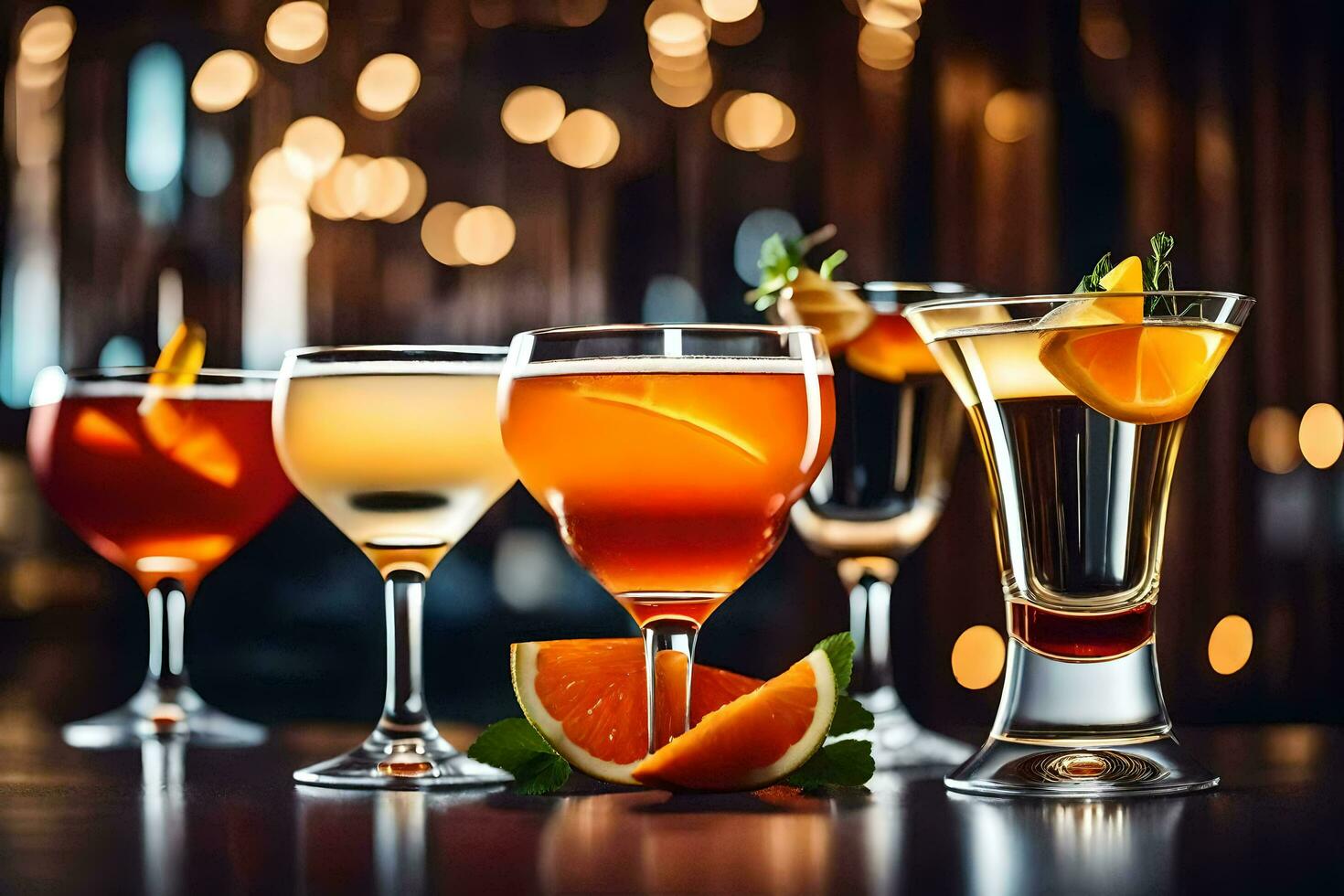 five different types of alcoholic drinks on a bar counter. AI-Generated photo