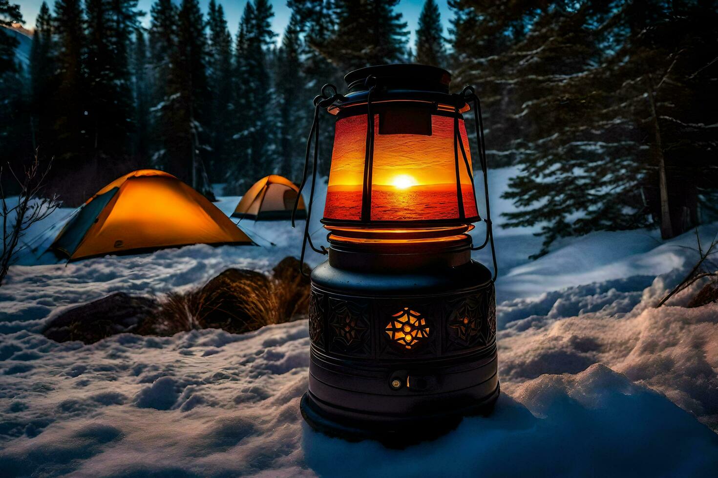 a campfire is lit in the snow next to tents. AI-Generated photo