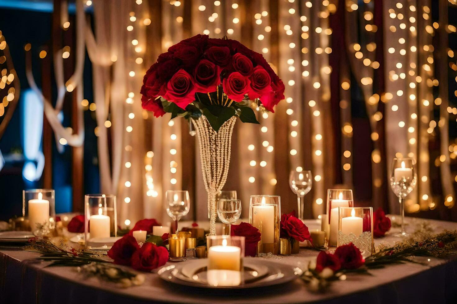 a table set for a wedding reception with candles and red roses. AI-Generated photo