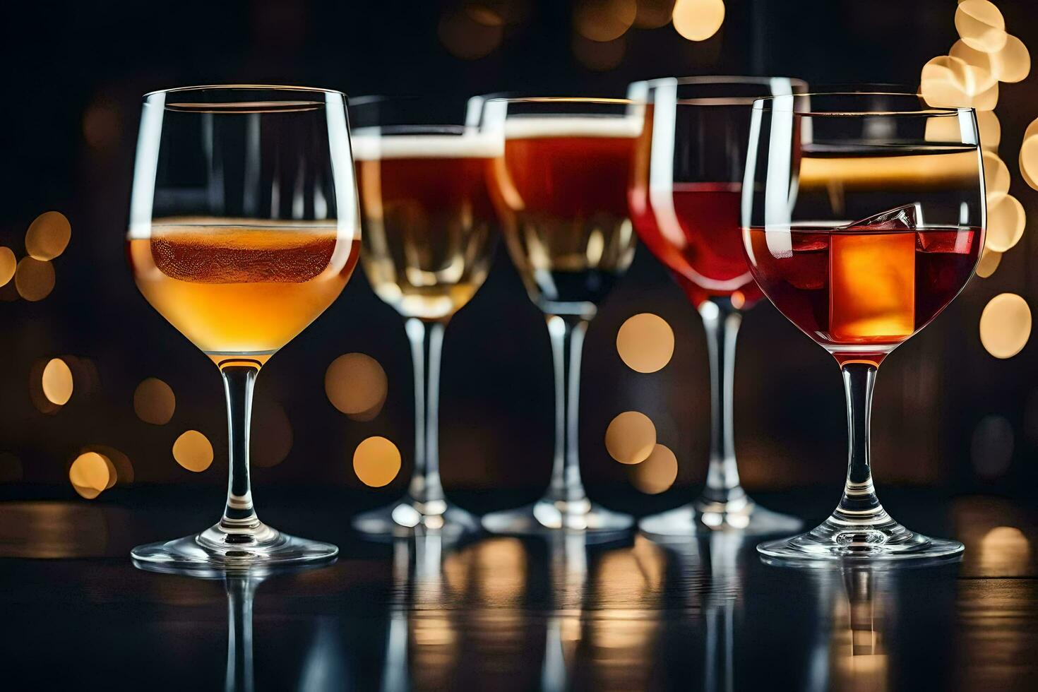 five different types of alcoholic drinks in glasses. AI-Generated photo